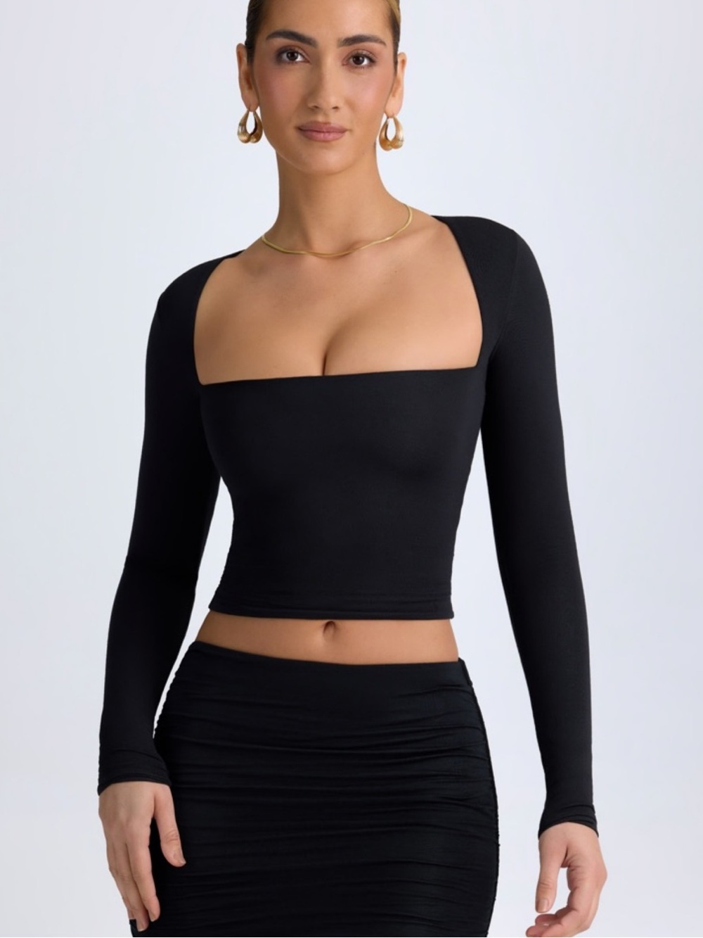 Oh Polly Black Square Neck Long Sleeve Crop Top